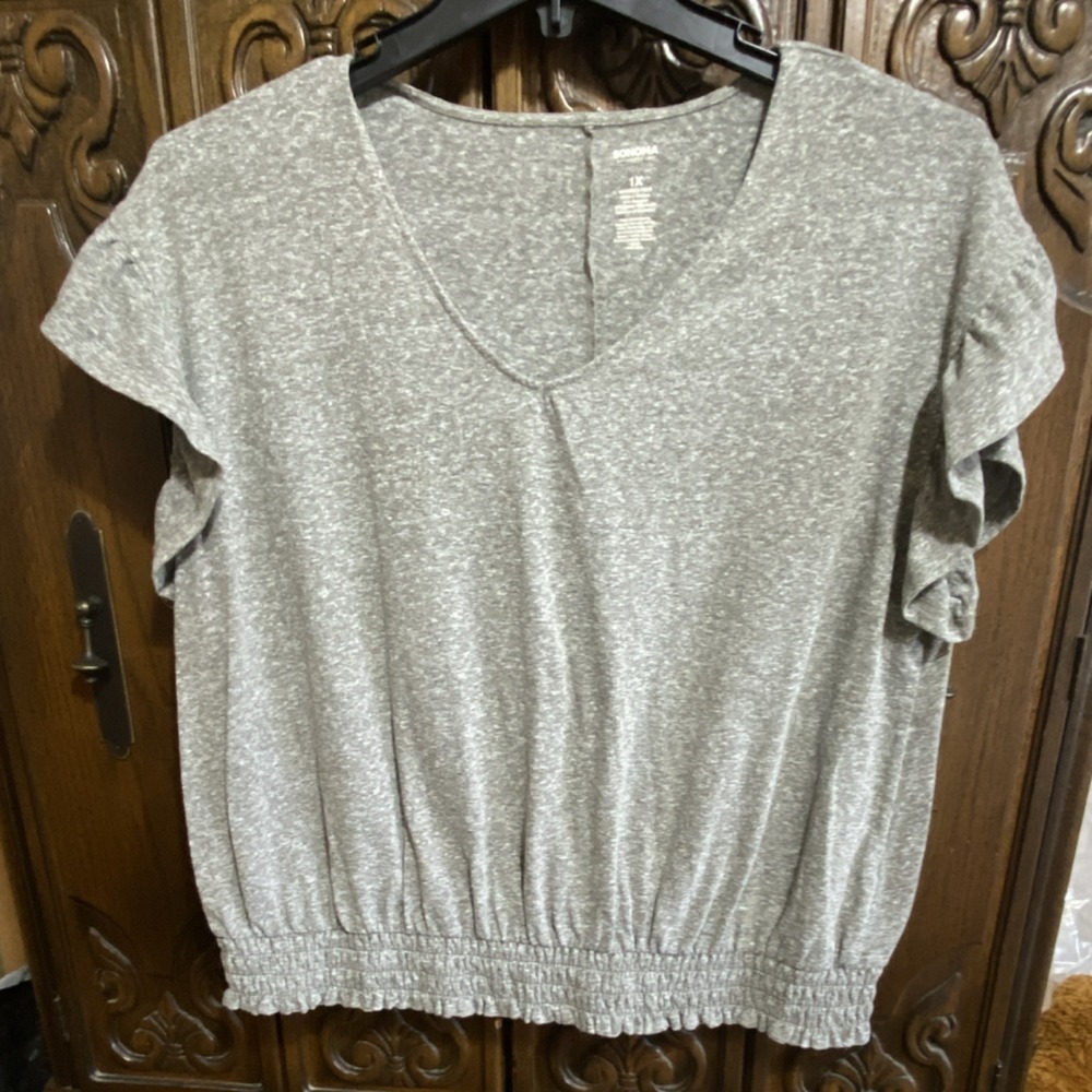Sonoma Gray Knit Blouse Elastic Waist V-Neck Short flutter Sleeve Plus 1X